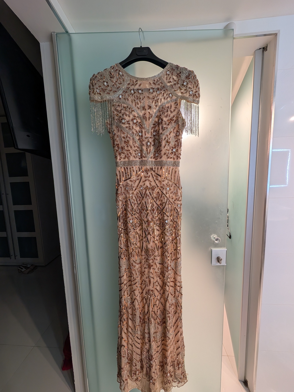 Beaded Champagne Evening Gown with Fringe Shoulders